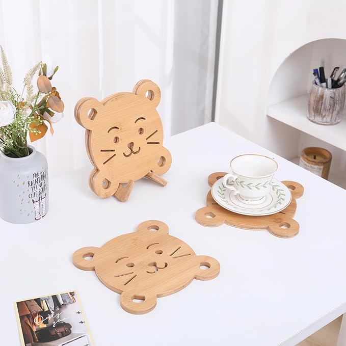 7.4x7.4 Inch Bamboo Trivets for Hot Pots & Coffee Mugs - 3-Layer Heat Resistant Wooden Coasters with Non-Slip Feet, 4-Pack + Holder (Wildlife)