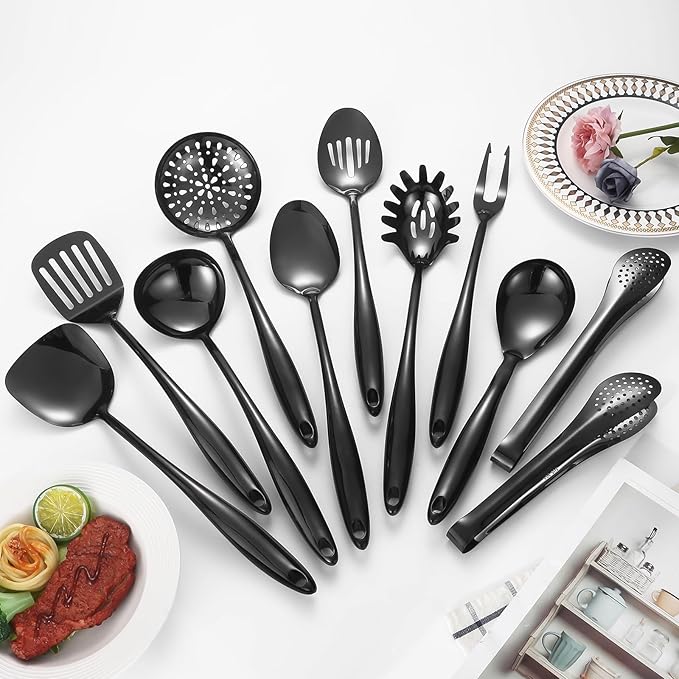 304 Stainlss Steel Matte Kitchen Utensils Set, 11 Pcs Long Metal Cooking Utensil Gadgets Tools Set with Spatula, Ladle, Spoon, Skimmer, Turner, Pasta Server, Tongs(Black, Dishwasher Safe)