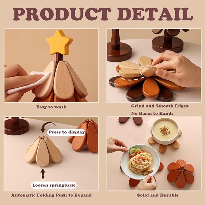 Wooden Trivets for Hot Dishes, Christmas Tree Shape Trivet Set of 4 for Hot Pot Pans, Wood Coasters for Kitchen Counter Decor, Hot Dish, Pot, Bowl, Teapot(Walnut Wood)