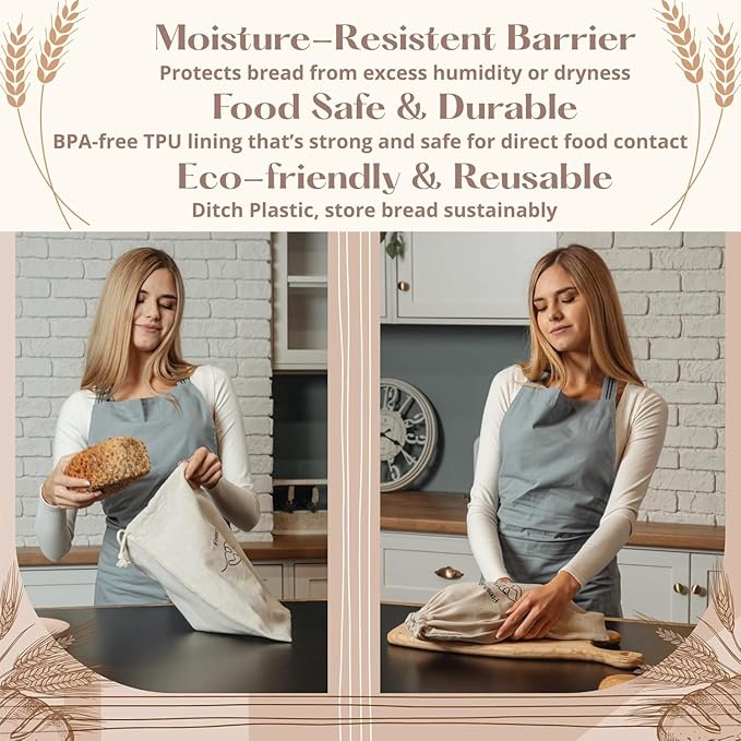 Simply H&K Reusable Linen Bread Bags for Homemade Bread [Pack of 3] - 12" x 15" - with Inner Lining - Sourdough Bags, Baking Gifts, & Baking Supplies for Home Bakers