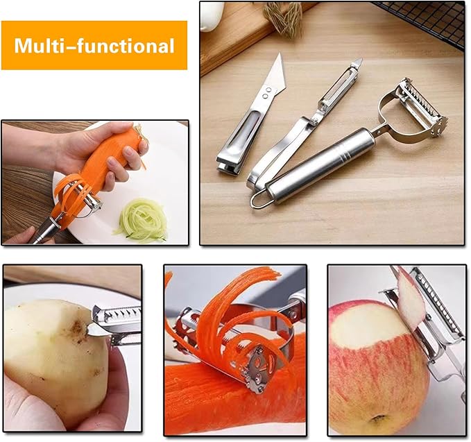 3-Piece Kitchen Peeler & Prep Set: Y Peeler, Straight Peeler & Poultry/Fish Tool with Non-Slip Comfort Handles for Peeling, Grating, De-Boning, De-Feathering Fruits, Vegetables, Potato, Chicken