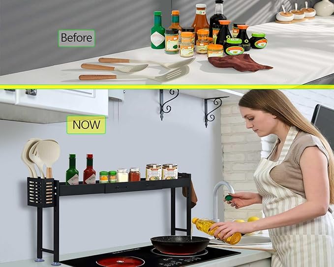 Over Stove Spice Shelf for Kitchen Spice Rack Organizer with Extra Black Basket and Hooks Great for Stove Top Shelf