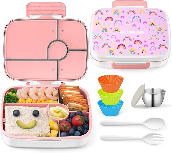 Bento Box for Kids Lunch Box Leak-Proof, Bento Lunch Box with 5 Compartments, Lunch Containers with 3 Silicone Baking Cups, Microwave/Dishwasher Safe (43OZ) (Pink with snack cup)