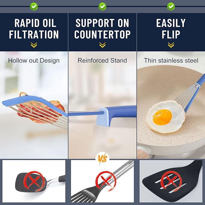 Fish Spatula,600℉ Heat Resistant Silicone Fish Spatula with Basting Brush,for Nonstick Cookware,Flexible Slotted Fishs Turner Spatulas,BPA Free,Dishwasher Safe(Blue)