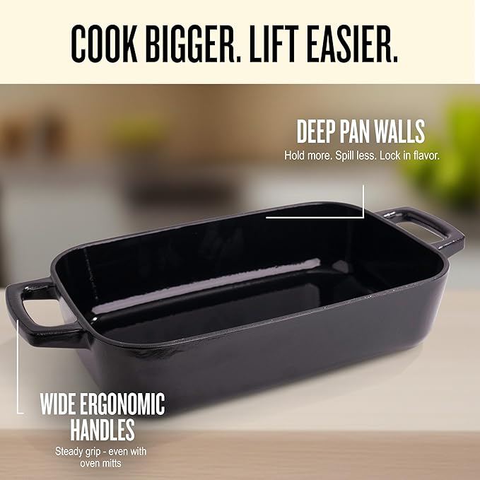 Alva Nori Enameled Cast Iron Roasting Pan 12x8" – Made With No PFAS/PTFE/PFOA, Oven & Induction Safe – 3-Layer Enamel, No Seasoning Needed – Durable, Easy-Clean Bakeware for Healthy Cooking, Black