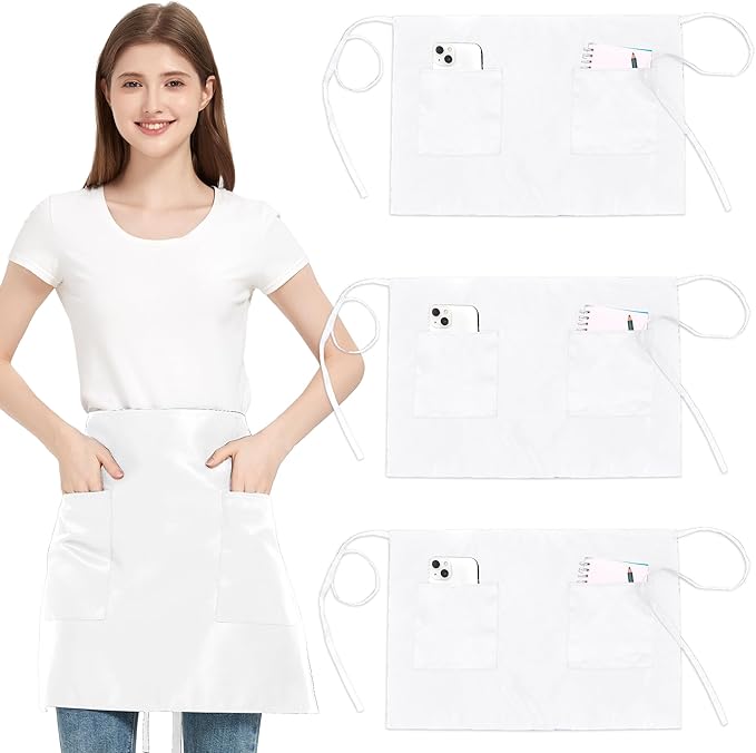 3 Pack Waist Apron with 3 Pockets, Unisex Black Waiter Aprons, Water Resistant Server Aprons for Restaurant Chef Bar