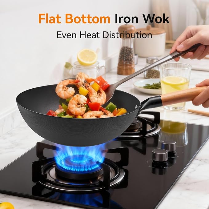 11.8 Inch Pure Iron Wok, Flat Bottom Stir Fry Pan with Wooden Handle & Lid, Uncoated Real High-Purity Iron Wok for Family Meals, Compatible with Gas, Electric & Induction Cooktops