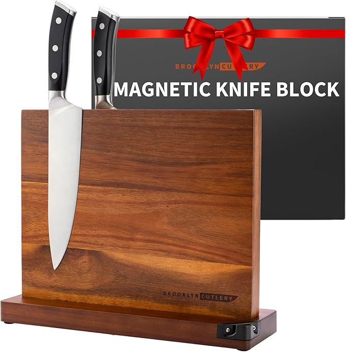 Magnetic Knife Block, Acacia Wood Magnetic Knife Holder for Kitchen Counter Universal Knife Block Without Knives (12 x 10 With Sharpener)