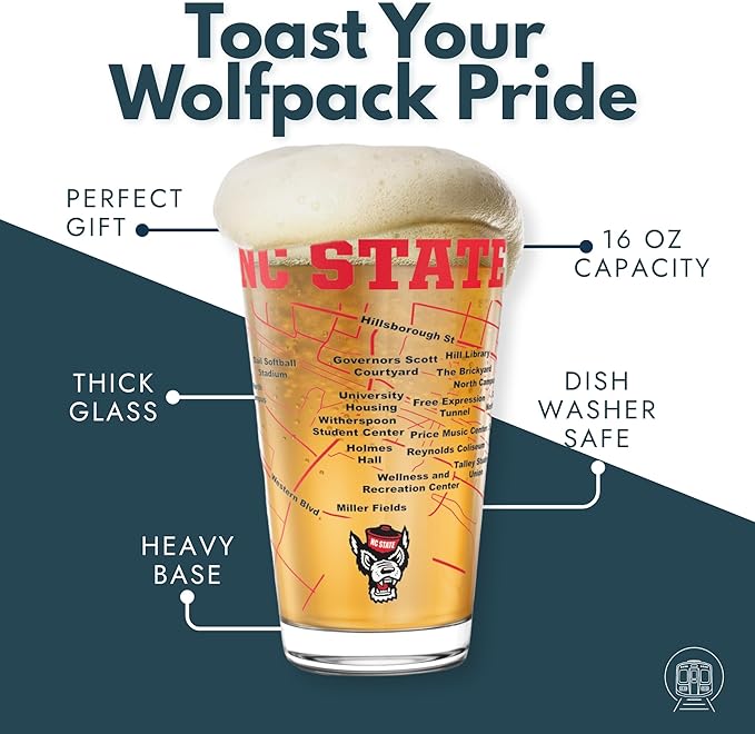 Greenline Goods – North Carolina State University Wolfpack College Pint Beer Glasses (Set of 2), 16 oz – Full-Color Logo + Campus Map