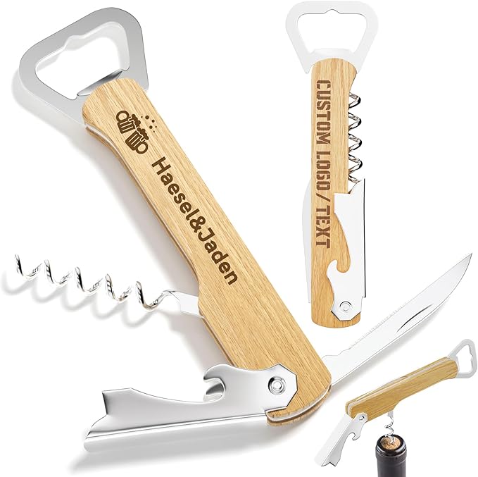 Custom Wine Bottle Opener, 2PCS Personalized Corkscrew Wine Opener, Double-sided Laser Engrave Wooden Beer Bottle Opener, Multitool Beer Can Opener for Wedding Party Favors Promotional Items (Beech)