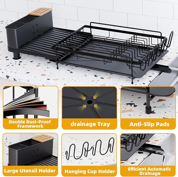 Expandable Dish Drying Rack, Dish Drying Rack for Kitchen Counter with Removeable Cutlery Holder, Double Rustproof & Sturdy Auto-Drain Multifunctional Organizer for Plates, Cups, Knife Fork Storage