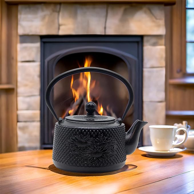 Cast Iron Teapot with Sunflower Pattern,SECHUDO Tea Kettle Coated with Enameled Interior for Loose Tea,Cast Iron Teapot with Stainless Steel Infuser for Stovetop Safe (28.7oz-Black)