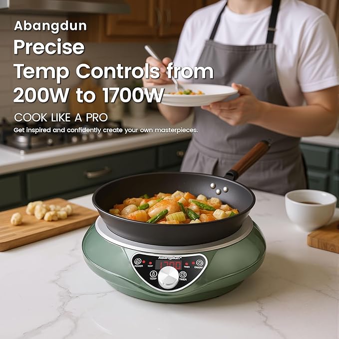 1700W Wok Induction Cooktop with 13.4” Nitride Carbon Steel Wok Round-Bottom & Flat-Pan Compatible, Electric Stir-Fry Wok Set for Home & Restaurant, No-Coating, Even Heating