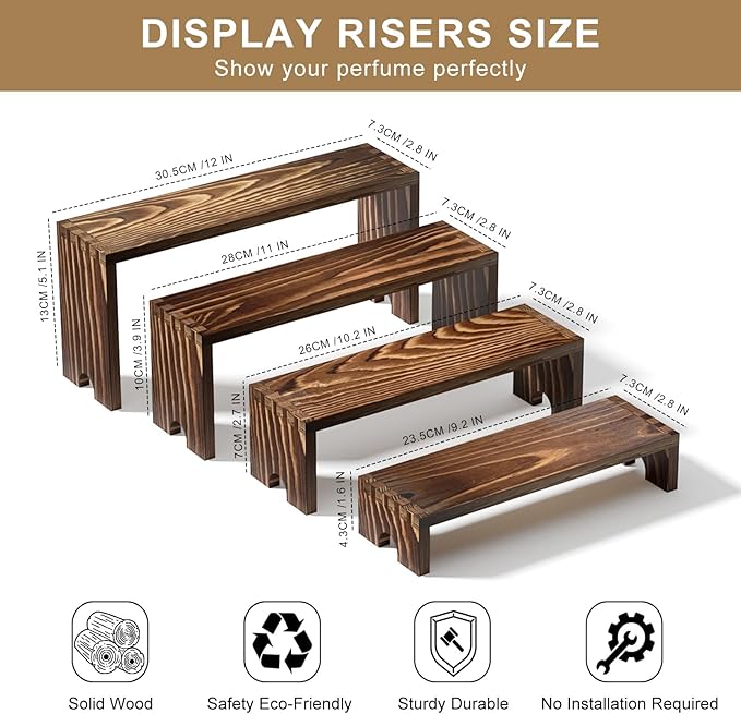 4 Set Large Wooden Tiered Riser Display Stands for Vendor Events,Stackable Perfume Organizer Cologne Stand for Men Women,Wooden Cupcake Dessert Stand,Wood Dessert Table Display Set,Food Display Risers for Party（12-11.2-10.4-9.6IN）
