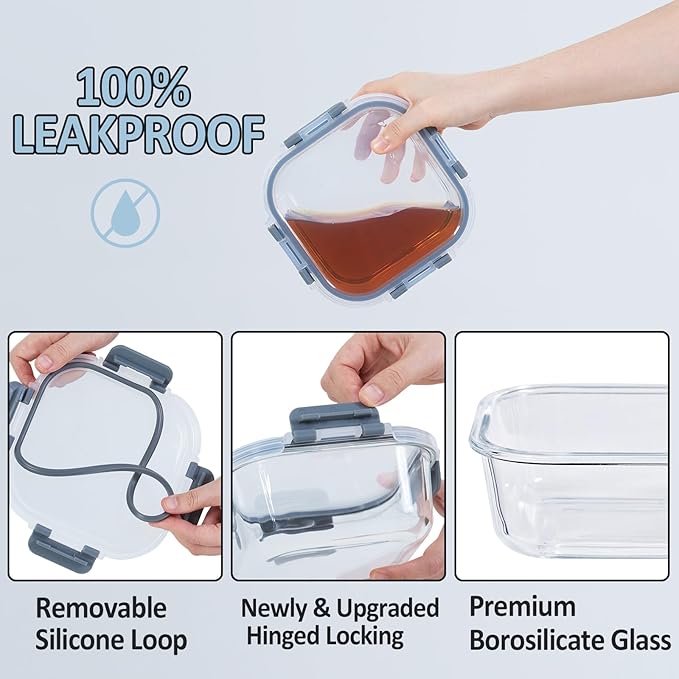 Glass Food Storage Containers with Lids, 4 Pack, Airtight, Leak Proof, BPA Free, Oven/Dishwasher Safe, Grey