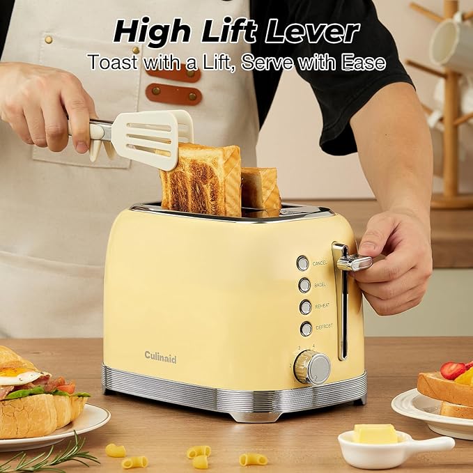 Toaster 2 Slice Retro Stainless Steel with 1.5” Extra Wide Slots Bagel, Defrost, Reheat, Cancel Functions, 6 Bread Shade Settings, Removable Crumb Tray, Yellow
