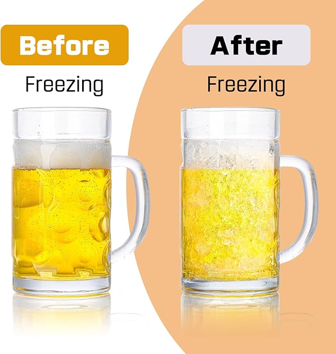 Freezer Beer Mugs, 20 oz Large Heavy Glass Mugs with Handles Set of 2, Clear Large Beer Steins for Tea, Coffee, Lead-Free Glasses Oktoberfest Style, Best Gifts for Dad Husband or Friend
