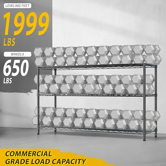 Karl home 3-Tier Adjustable Metal Storage Shelves, Wire Shelving Unit with Wheels & Leveling Feet, Heavy Duty Garage Shelving, Pantry & Kitchen Display Shelf Organizer, Home Storage Rack