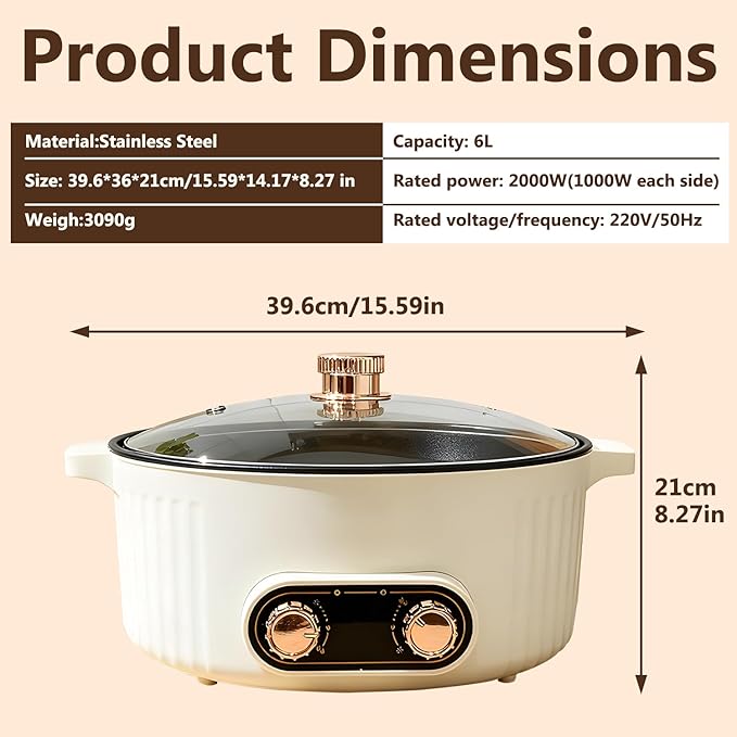 Four Grid Multifunctional Stew Pot, Electric Hot Pot 4 Compartment Divider Cooker, 6L Large Capacity Electric Slow Cooker, 1800W Integrated Non-Stick Hot Pots, for Home Party