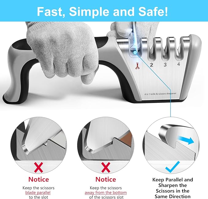 4-in-1 knife sharpener [4 stages], original quality polishing blade, the best kitchen tool for paring knives, steel knives and scissors - including a pair of anti-cutting gloves