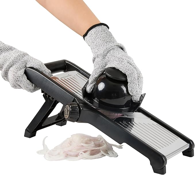 Restaurantware Stainless Steel Adjustable Mandoline Slicer - German Standard Vegetable Slicer with Blade Guard, Includes Cut-Resistant Gloves - Food Slicer for Potato, Onions, Cucumbers, Tomato