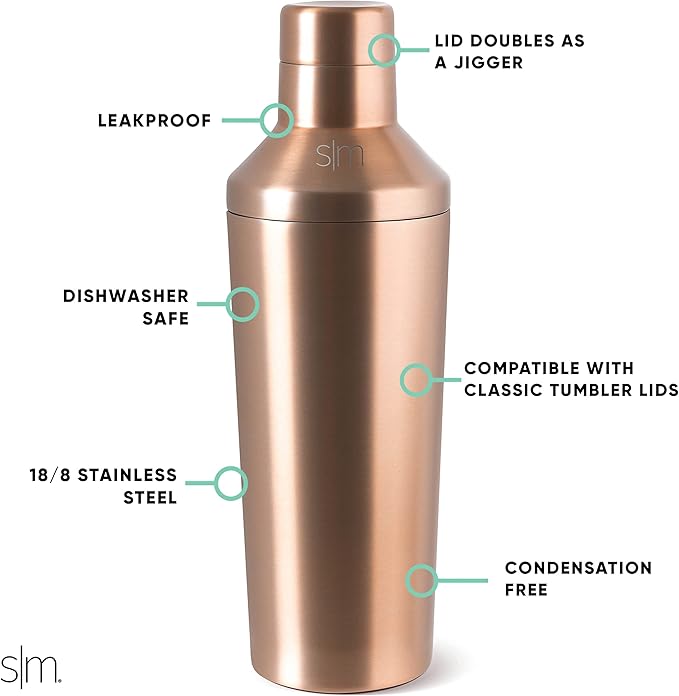 Simple Modern Cocktail Shaker Set with Jigger Lid | Stainless Steel Boston Shaker Insulated Martini Mixer for Mocktails | Gifts for Men Women Him Her | Classic Collection | 20oz | Metallic Gold