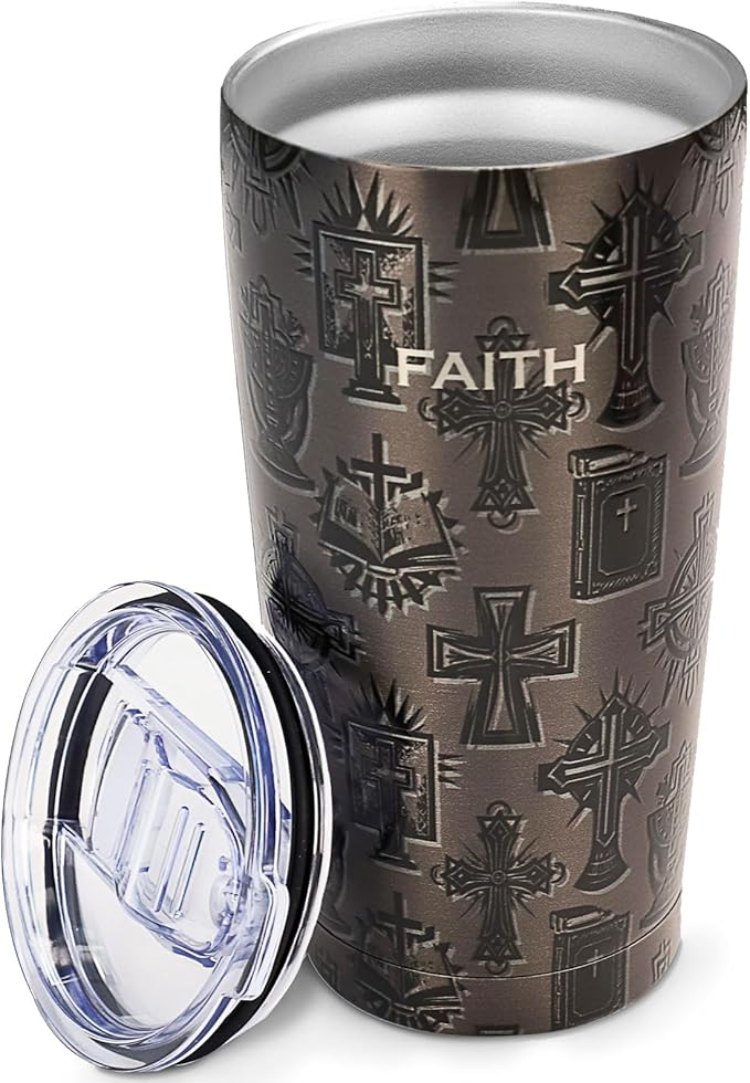 20oz Stainless Steel Double Insulated Tumbler | Christian Cross & Faith Design, Leak-Proof Travel Mug Cup for Hot/Cold Drinks, Ideal Pastor Appreciation/Catholic/Religious/Inspirational Gift