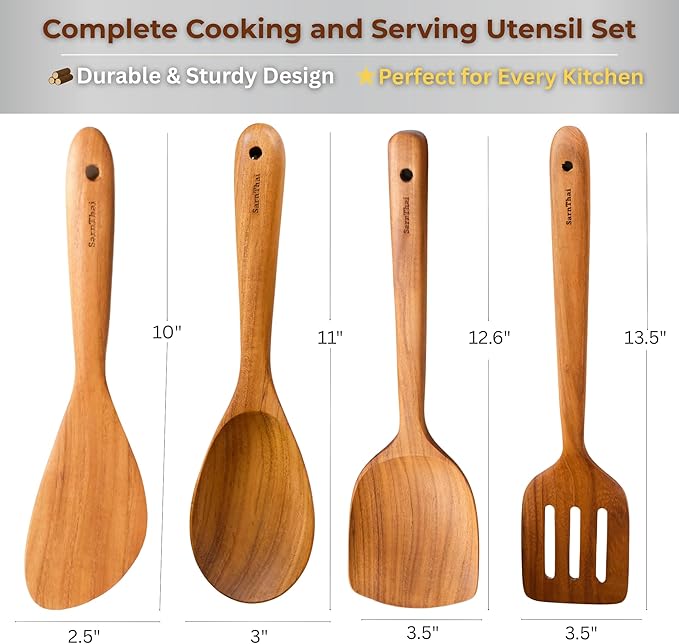 SarnThai Premium Teak Kitchen Utensil Set – 4-Piece Handmade Wooden Spatulas & Spoon for Cooking, Natural Teak Wood Tools Safe for Nonstick Pans, Eco-Friendly Thai Handmade Utensil Set