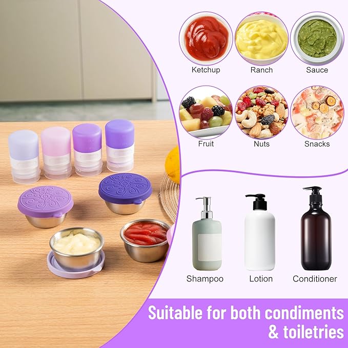 8-Pack Salad Dressing Container To Go, 1-oz Silicone Small Condiment Squeeze Bottles and 1.6 oz Stainless Steel Sauce Containers Cups, Leakproof Condiment Containers with Lids for Lunch Box