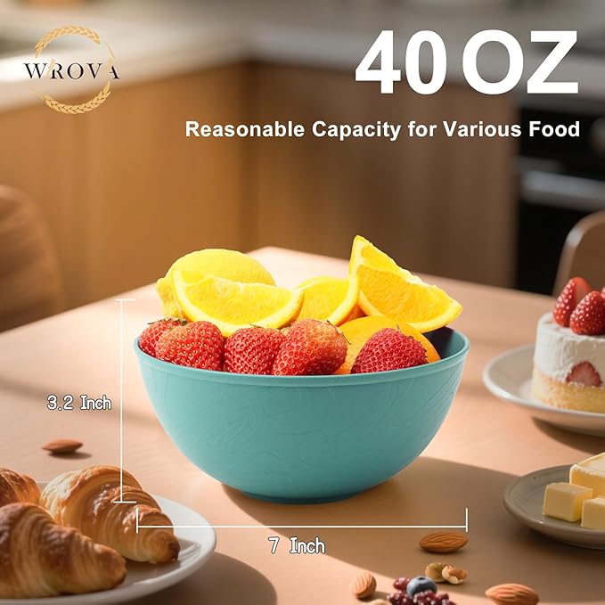 Wrova Wheat Straw Bowls for Kitchen set of 6,Anti-Scald Thick Soup Bowls 40oz,Microwave and Dishwasher Safe Bowl set easy to clean. Green