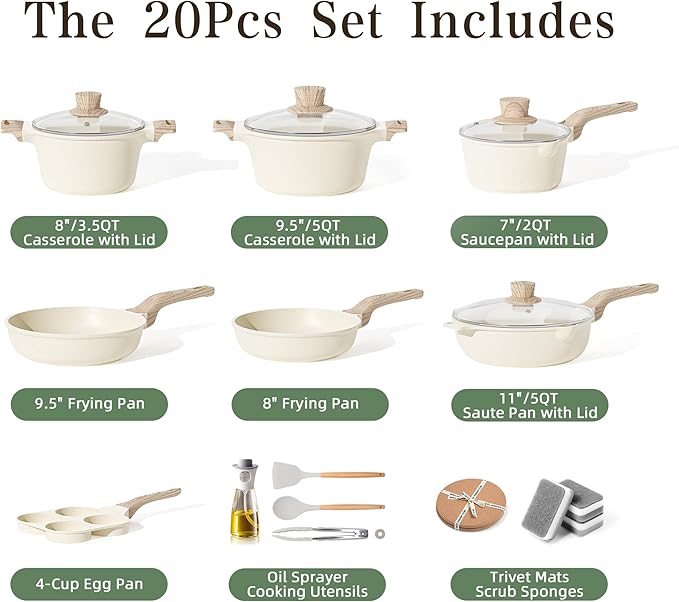 20Pcs Pots and Pans Set Non Stick, Kitchen Nonstick Cookware Sets, White Granite Induction Cookware Non Toxic Cooking Set w/Frying Pans, Saucepans, 4 Cup Pan, PFOS & PFOA Free