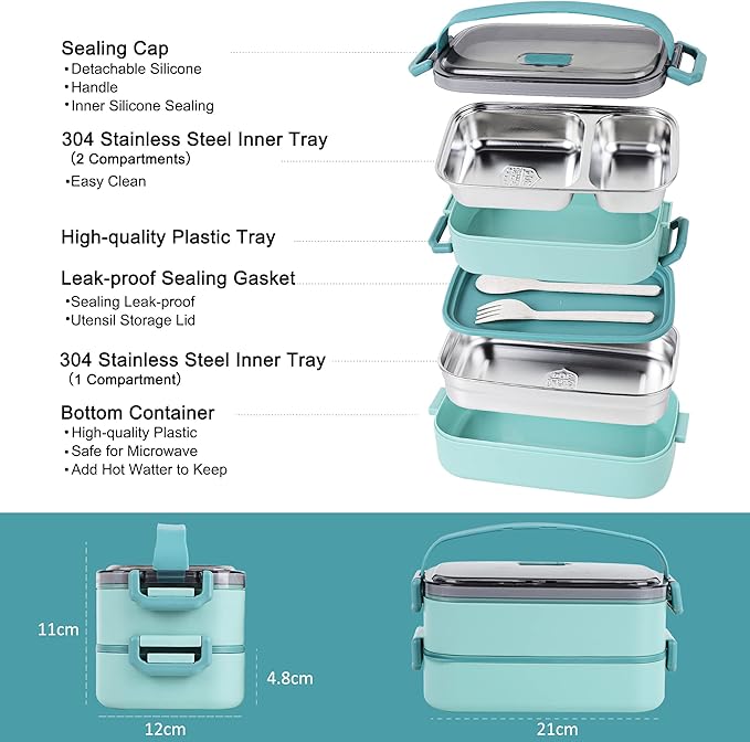 Bento Lunch Box for Kids Women Men, 47oz 2-Compartment Snack Salad Metal Food Prep Pack Container for Lunch, Stainless Steel 2 Layers Stackable Lunch Containers with Lids for Adults and Teens Green