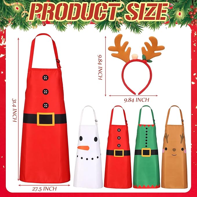 Ramede 4 Set Christmas Apron Adjustable and Headbands Christmas Kitchen Santa Cooking Aprons Xmas BBQ Snowman Funny Chef Set for Women Men Costume Gifts Accessories Headwear Party Favors