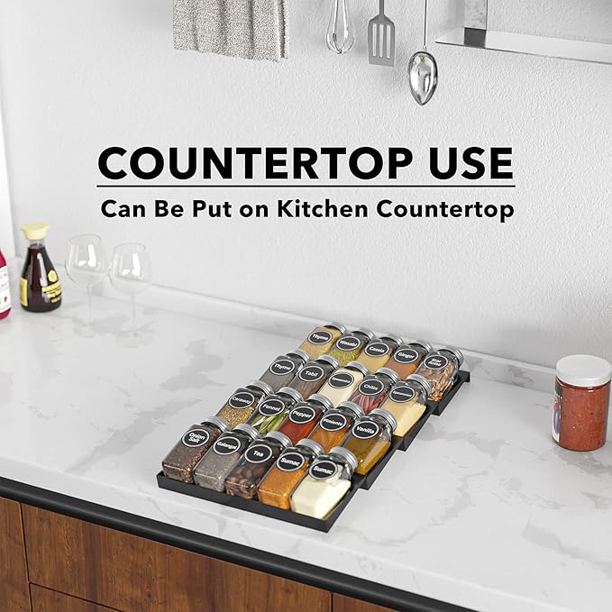 SpaceAid Spice Drawer Organizer with 20 Spice Jars, 386 Spice Labels, 4 Tier Seasoning Rack Tray Insert for Kitchen Drawers, 9-1/2" Wide x 17-1/2" Deep