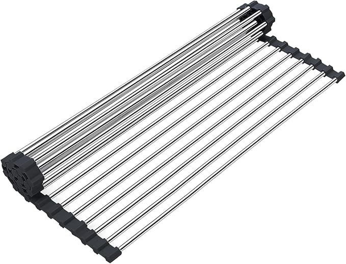 Searik Roll up Dish Drying Rack, Over The Sink Rolling Dish Drainer Rack Multipurpose Foldable Kitchen Stainless Steel Dish Rack Sink Drying Rack for Kitchen Sink Counter (17"x 15.7")