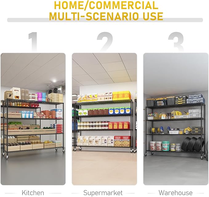 Karl home 4-Tier Adjustable Metal Storage Shelves, Wire Shelving Unit with Wheels & Leveling Feet, Heavy Duty Garage Shelving, Pantry & Kitchen Display Shelf Organizer, Home Storage Rack