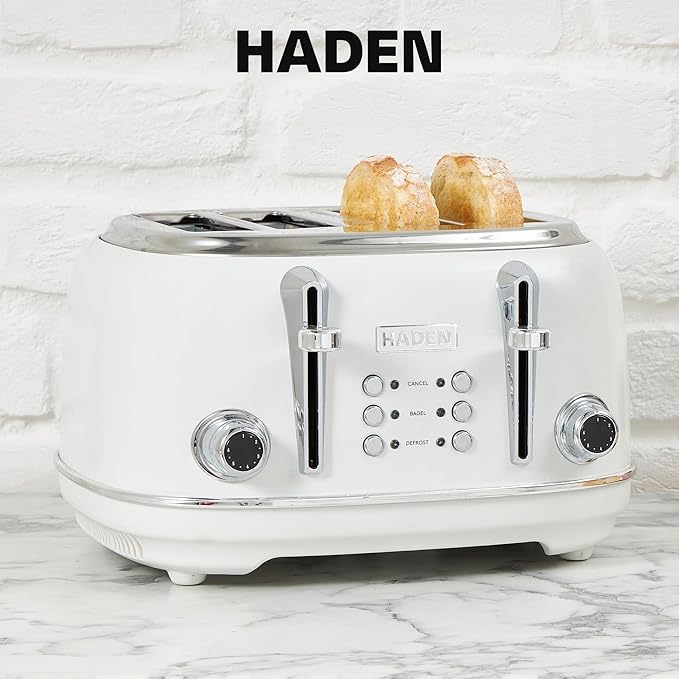 HADEN Heritage Toaster with Extra Wide Slots, 1500-Watt, Ivory & Chrome - Retro Stainless Steel Design with Self-Centering Function, Adjustable Browning Control & Removable Crumb Tray