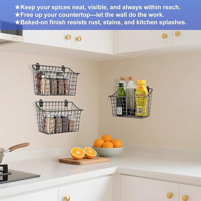 Wall Mounted Iron Spice Rack – Grey Painted Kitchen Wall Shelf & Seasoning Organizer for Jars, Condiments & Spices – 26.5cm W × 14cm D × 18.5cm H Floating Pantry Storage Rack with Screw Mount