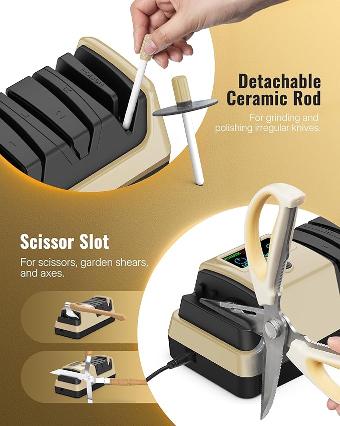 Electric Knife Sharpener, 5-in-1 Scissor Sharpeners, 3 Rotational Speed Adjustable Electric Knife Sharpener for Straight/Serrated/Ceramic Knives, Scissors, Chef Knives, Axes, Gold G01KS06