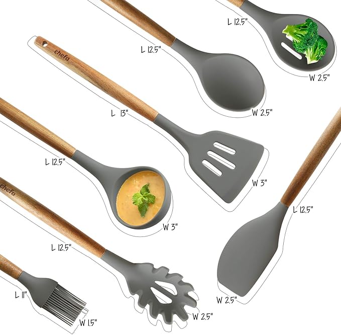 Silicone Cooking Utensils | Wooden Handle, Non-Stick Cookware Heat Resistant Kitchen Utensil Spatula, Slotted & Solid Spoon, Soup Ladle, Slotted Turner and Spaghetti Server,| Acacia Wood - Dark Gray