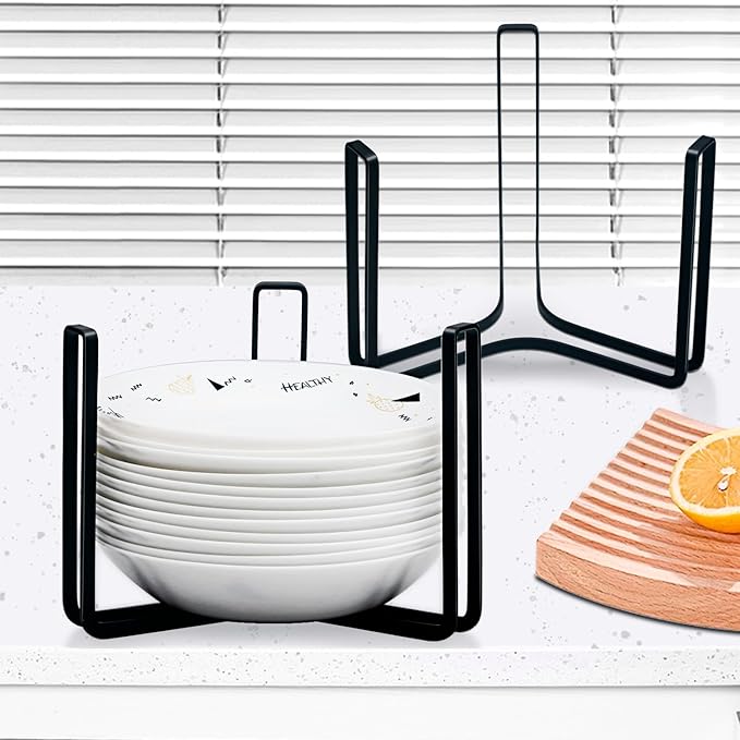 Dinnerware Bowl Plate Holder Fit for 6.5 Inches Diameters Bowl, Metal Bowl Storage Dying Display Rack for Kitchen Drawer, Countertop, Cabinet, Shelf, Cupboard (Black, Large 2PCS)