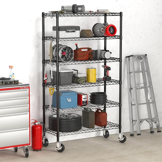 2300LBS Wire Shelving Unit, 36"W x 14"D x 75"H Metal Standing Shelf Units with Wheels / Leveling Feet, 6 Tier, Adjustable, Heavy Duty, and NSF Storage Shelves, Rolling Metal Shelving Wire Rack