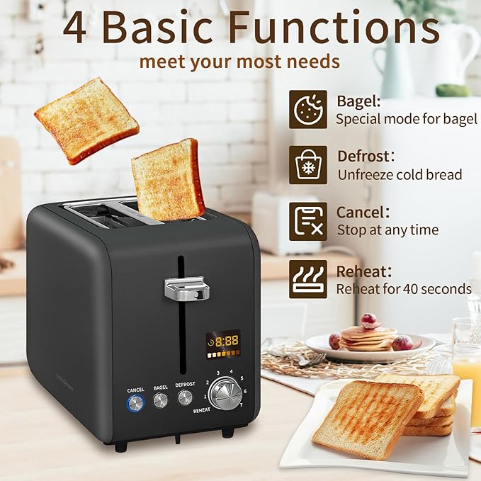 SEEDEEM Toaster 2 Slice, Stainless Steel Toaster LCD Display, 7 Bread Shade Setting, 1.4'' Wide Slots, Bagel/Defrost/Reheat Functions, Removable Crumb Tray, 900W, Dark Chocolate