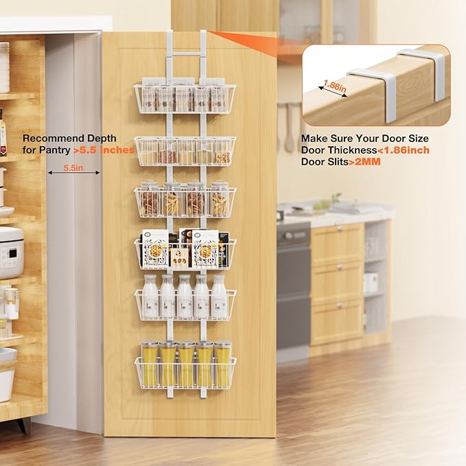 6 Tier Over the Door Pantry Organizer, Over the Door Spice Rack with Adjustable Baskets, Metal Hanging Door Pantry Organizers and Storage for Kitchen Bathroom Bedroom, White