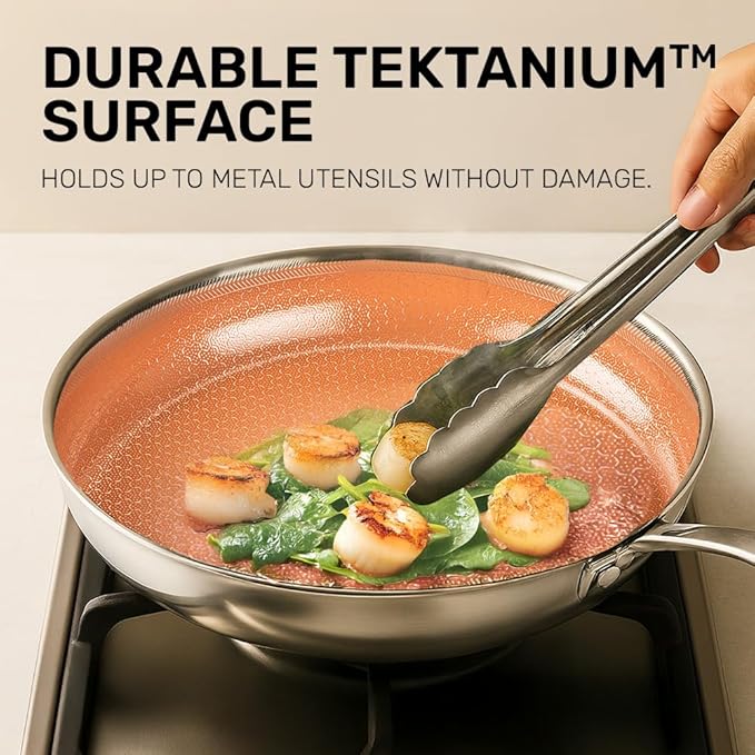 Gotham Steel Hybrid 3pc Stainless Steel Non Stick Frying Pans Set, 8 10 12 inch Ceramic Frying Pan Skillet Set, Induction Ready, Made without PFAS & PFOA, Oven and Dishwasher Safe - Copper