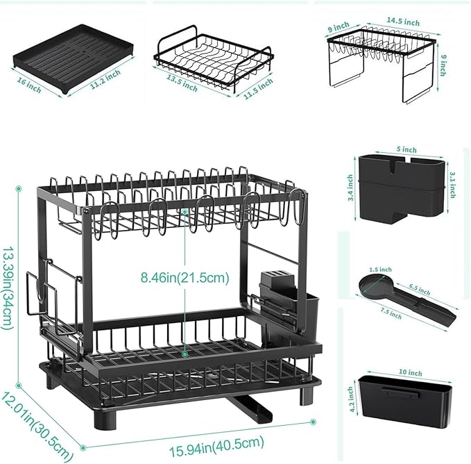 2 Tier Dish Racks for Kitchen Counter and Sink - Large Dish Drying Rack with Drainboard & Utensil Holders - Stainless Steel Dish Drainers Kitchen Organization and Storage for Space Saving (Black)