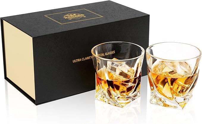 KANARS Old Fashioned Whiskey Glasses with Luxury Box - 10 Oz Twisted Liquor Tumblers for Scotch, Bourbon, and Cocktail Drinks - Set of 2 - Men Gift for Christmas Birthday Anniversary
