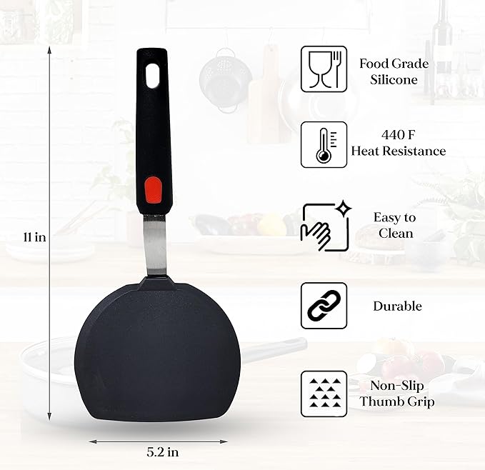 Wide Silicone Pancake Spatula – Large Heat-Resistant Turner for Cooking | Nonstick Safe | Stainless-Steel Reinforced Core & Easy-Grip Handle