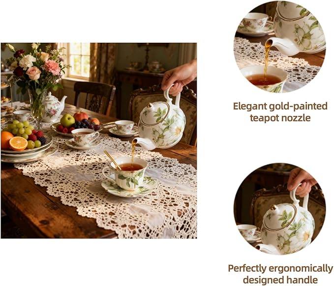 22oz Floral Ceramic Teapot (Suitable for 1 to 3 people) – Vintage Gold Rim Tea Pot for Loose Leaf, Blooming Tea & Coffee, Elegant Teapot for Tea Party, Flower Design (White Camellia)