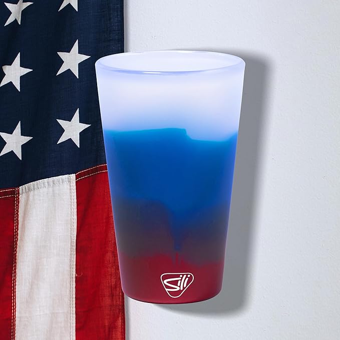 Silipint 16oz Silicone Pint Glass – Unbreakable BPA-Free Reusable Silicone Drinking Cup – Flexible Dishwasher Microwave & Freezer Safe – Stemless Glass for Water Coffee Smoothies (Americana)